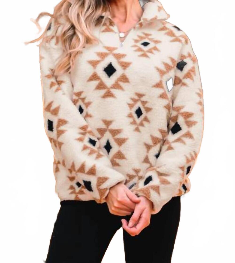NEW SHE + SKY half zip printed teddy pullover sweatshirt in khaki aztec